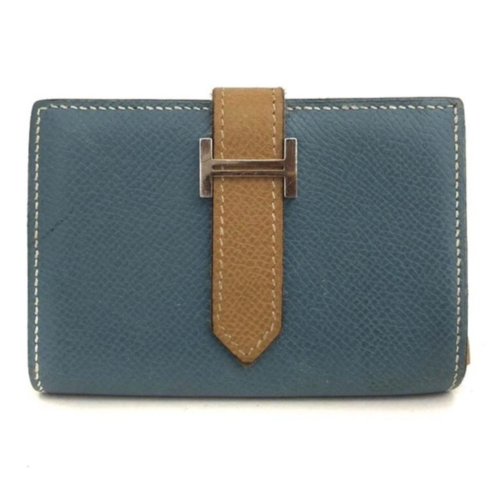 Hermes Bi-Color Blue  and Tan Leather Bearn Mini Women's Wallet